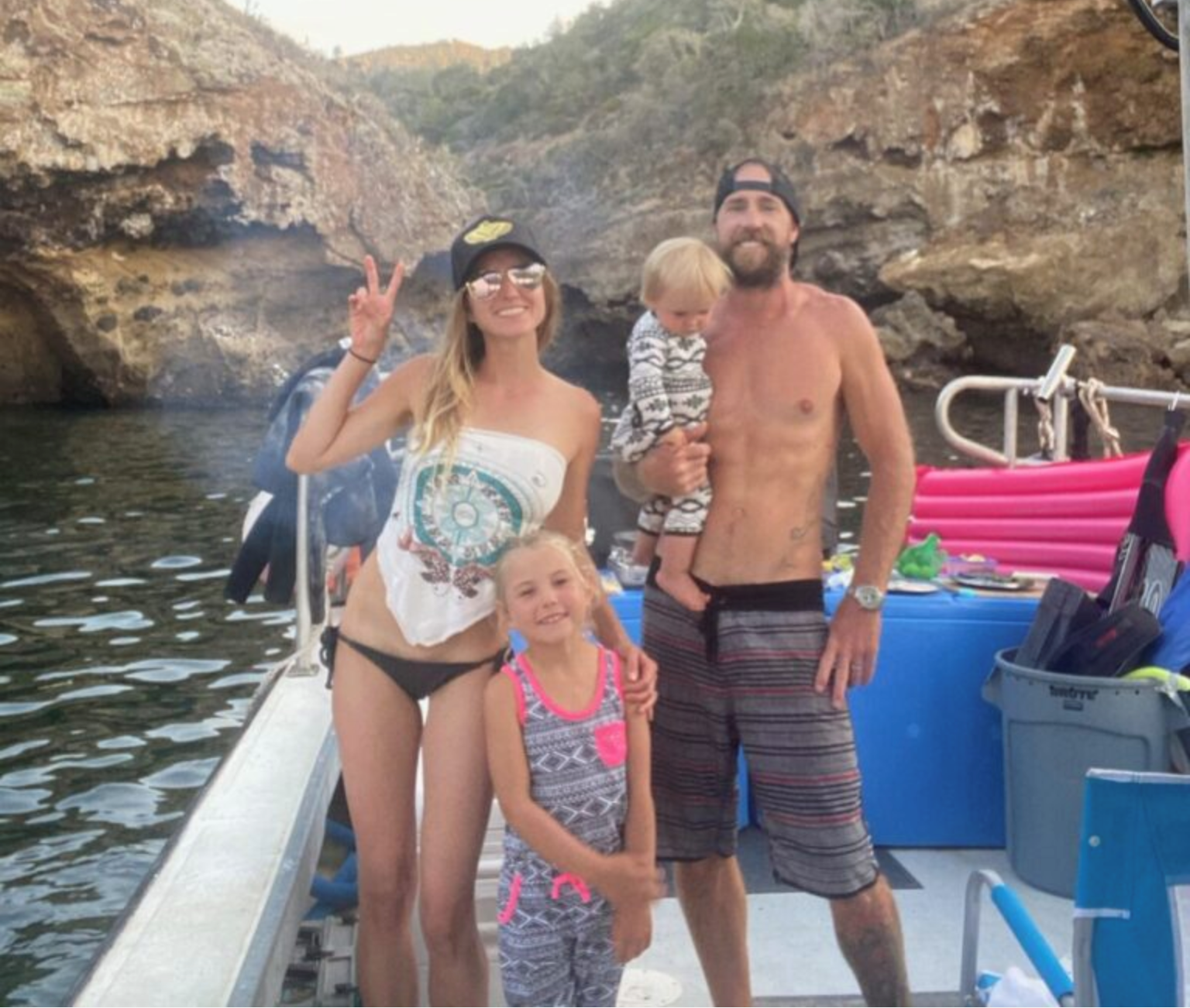 The Good Captain Co. husband and wife team Lindsey and John Hoadley with daughters Soleil and Echo on the fishing boat near the Channel Islands, California.